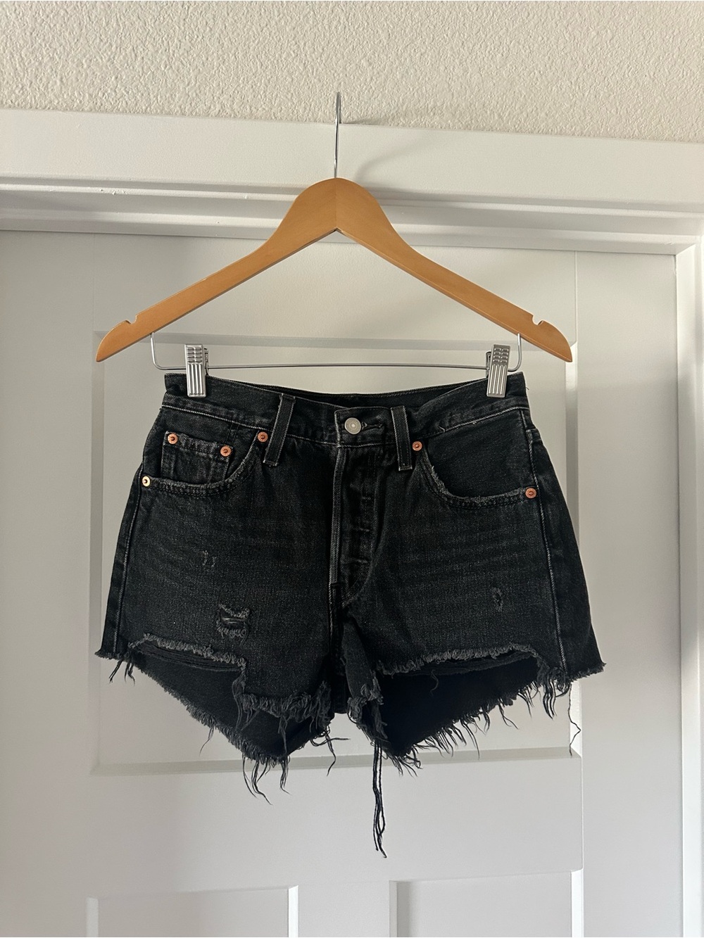 Levi’s 501 Original High Rise Black Distressed Cutoff Denim Shorts - Size 25